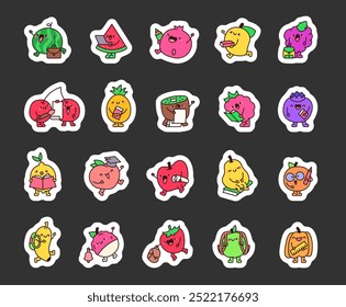 Cute fruit characters with school things. Sticker Bookmark. Cartoon kawaii student. Hand drawn style. Vector drawing. Collection of design elements.