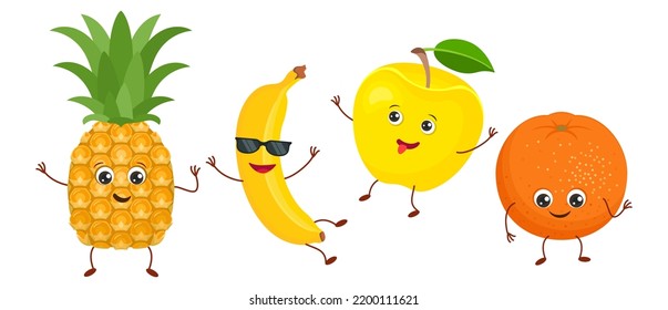 Cute fruit characters set. Collection of funny illustration of food. Cartoon happy pineapple, banana, apple and orange. Vector isolates in cartoon flat style on a white background.