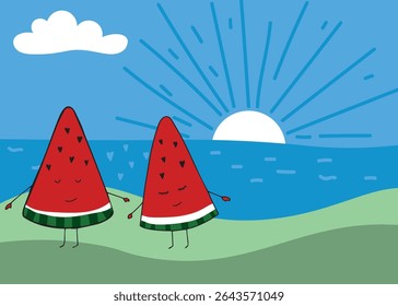 Cute fruit characters standing by ocean horizon in morning light