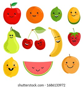 Cute fruit characters vector illustration, healthy juice cartoon kawaii summer fruits isolated on white background. Funny Fruits for kids. Cheerful food mascots in flat design.