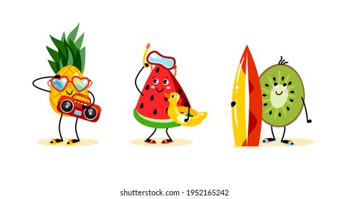 Personajes de frutas. Ilustración vectorial de frutos graciosos al estilo de las caricaturas. Ilustración de verano para los niños.