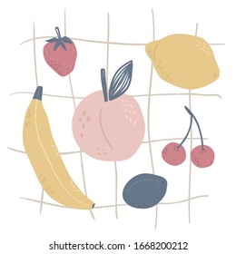 Cute fruit in childish style. Banana, lemon, peach, plum, strawberry and cherry hand drawn set perfect for menu or nursery design 