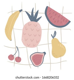 Cute fruit in childish style. Banana, pear, fig, pineapple, watermelon and cherry hand drawn set perfect for menu card or nursery design