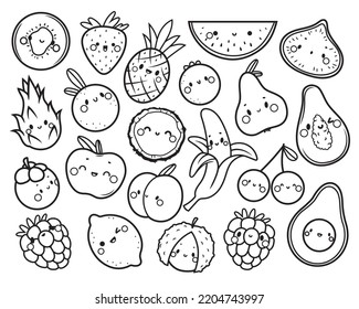 Cute fruit clip art set, kawaii food, fruit vector, black line graphic, suitable for prints, postcards, patterns, stickers, website elements, cut elements