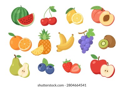 Cute Fruit Collection. Apple, Pear, Strawberry, Cherries, Citrus and Tropical Fruits. Flat Vector Set Isolated on White Background.