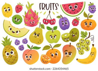 Cute fruit collection with cartoon faces. Isolated colorful cliparts. Vector illustration.