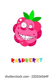 Cute Obstsammlung, eine davon Himbeere. Cartoon-Charakter für Ihr Lebensmitteldesign. Konzept für gesunde Lebensmittel. Veganisch, vegetarisch und diätetisch, sportliches Essen. Smoothies und Säfte, Konfitüren.