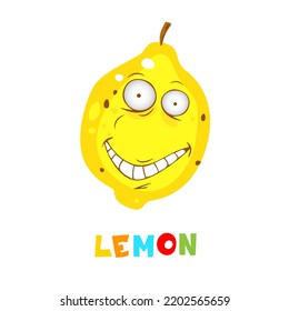 Cute fruit collection, one of them lemon. Cartoon character for your food design. Healthy food concept. Vegan, vegetarian and diet, sport food. Smoothies and juices, jams.
