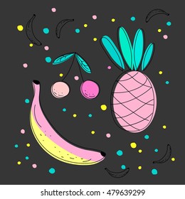 Cute Fruit composition. Scandinavian style illustration. hand drawn minimal vitamin food object. Pineapple, banana, cherry. pink, blue, yellow colors. Vector illustration on black background
