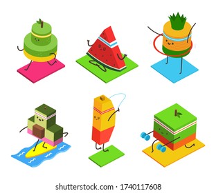 Cute fruit doing fitness and yoga exercises vector isometric cartoon characters set isolated on a white background.