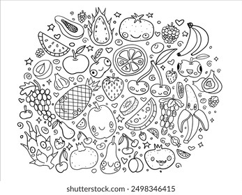 Cute fruit doodle illustration with various fruits like bananas, apples, pineapples, strawberries, and more. Hand-drawn, black and white, kawaii style with happy, smiling faces.