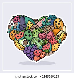Cute fruit doodle monster having fun in the form of love isolated on white background