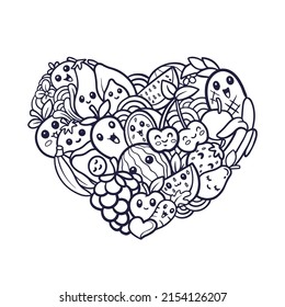 Cute fruit doodle monster having fun in the form of love isolated on white background