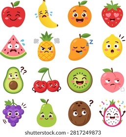 Cute fruit emoticons set with funny emotional expressions, crying banana, angry pineapple, sleeping mango, celebrating dragon fruit vector illustration.