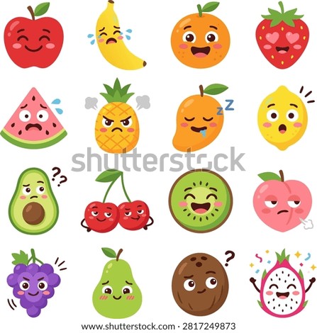Cute fruit emoticons set with funny emotional expressions, crying banana, angry pineapple, sleeping mango, celebrating dragon fruit vector illustration.