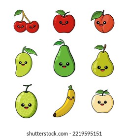 cute fruit expression illustration, pear, peach, apple, melon, mango, avocado, cherry, cucumber and banana