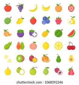 Cute fruit flat icon set, such as orange, kiwi, coconut, banana, papaya, peach, tropical fruits