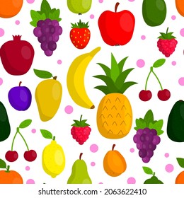 Cute fruit in flat style seamless pattern. Pineapple and strawberry, apple and apricot.