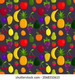Frutos cortos en un patrón sin soldadura de estilo plano. Piña y fresa, manzana y albaricoque.