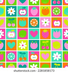 Cute fruit, flower and heart with square pattern background.