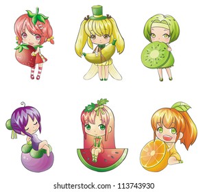 Cute fruit Girl and fairy cartoon character with fancy costume collection icon design- strawberry, banana, kiwi, mangosteen, melon, orange. Create by vector in Japanese manga style. 