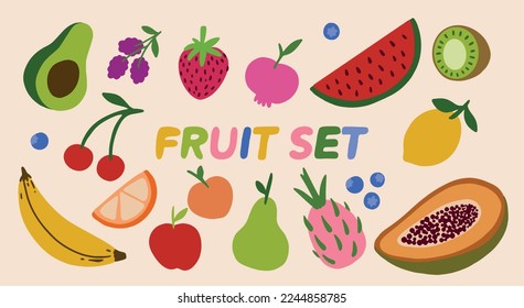 Cute Fruit Hand-Drawn Set Illustration Fuits Food Tropical Collection