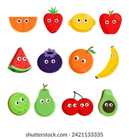 Cute Fruit, Happy cute set of smiling fruit faces. Vector set of flat cartoon illustration icons. Isolated on white background.fruit icon for childern book or learning 