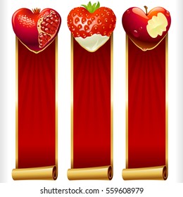 Cute Fruit Hearts and Red Ribbons vertical Banners set. Juicy Pomegranate, Strawberry and Cream, and Bitten Apple. Valentines Day celebration or Romantic Lovely Frames Design. Vector Illustration
