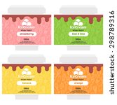 Cute fruit ice cream package design with different types of ice cream. Vector illustration. Background is seamless pattern