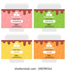 Cute fruit ice cream package design with different types of ice cream. Vector illustration. Background is seamless pattern