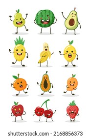Cute Fruchtgrafik-Vektorgrafik. Vektorgrafik von Früchten wie Birnen, Wassermelonen, Avocado, Ananas, Banane, Zitrone, Orange, Papaya, Mango, Apfel, Kirsche und Erdbeere.