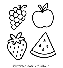 Ilustraciones de frutas lindas que incluyen uvas, manzana, fresa y rebanada de sandía. Líneas limpias y audaces, estilo simple y divertido, perfecto para los libros de colorear para niños.