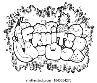 Cute fruit. Kawaii, black outline fruits: Banana, Apple, pear, peach, pomegranate, plum, watermelon, grape, kiwi, orange, pineapple, lemon. Water splash. Doodle style. Coloring page
