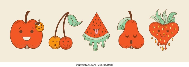 Cute fruit kawaii characters with happy faces. Funny baby pear, apple, cherry, watermelon and strawberry. Autumn farm and garden harvest icons set, vector hand drawn illustration. Cartoon characters