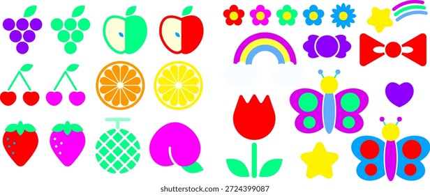 Cute fruit and nature icon set with vibrant sticker style illustrations