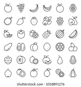 Cute fruit outline icon set, such as orange, kiwi, coconut, banana, papaya, peach, tropical fruits