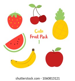 Cute fruit pack containing an apple, a pineapple, a banana, a cherry, a strawberry and a slice of watermelon.  