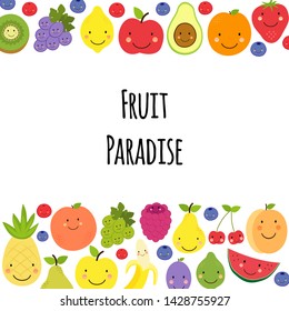 Cute Fruit Paradise background with various funnny cartoon fruit characters for your decoration