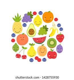 Cute Fruit Paradise background with various funnny cartoon fruit characters for your decoration