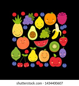 Cute Fruit Paradise background with various funnny cartoon fruit characters for your decoration