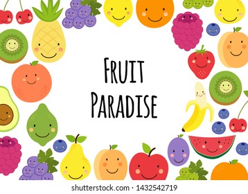 Cute Fruit Paradise frame background with various funnny cartoon fruit characters for your decoration