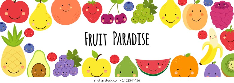 Cute Fruit Paradise frame banner background with various funnny cartoon fruit characters for your decoration