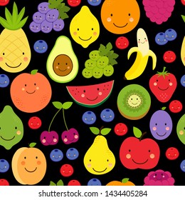 Cute Fruit Paradise seamless pattern background with various funny cartoon fruit characters for your decoration