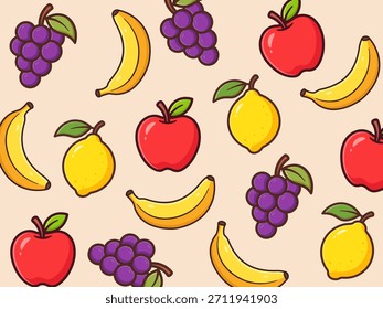 Ilustração de padrão de fruta bonito. Desenho animado Apple, Banana, Limão e Uvas Fundo Contínuo