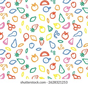 Cute Fruit Pattern vectors, cute fruit illustration, summer print, cute fruit line art, colourful fruit pattern, Colorful sketch mixed tropical fruits seamless summer pattern background vector.
