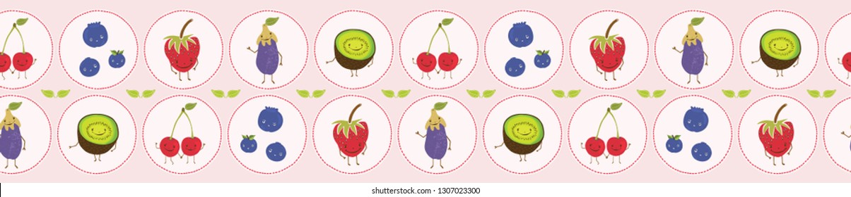 Cute fruit polka dot vector illustration. Seamless repeating border. Hand drawn kiwi, strawberry, cherries, aubergine, blueberries for kids textiles, 5aday healthy ingredients banner ribbon.
