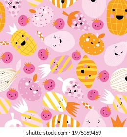 Cute fruit seamless background. Repeating vector pattern smiling fruit in cartoon style. Funny kids Kawaii texture with fruit characters. Smiley Lemon Berries Pineapple Strawberry Orange Strawberry.