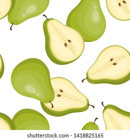 Cute fruit seamless pattern of green pears on white background. Vector illustration.