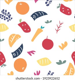 Cute fruit seamless pattern, kids, cute animals arts draw design, textile, fabric, poster, cover, brochure, notebook 