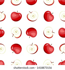 Cute fruit seamless pattern of red apples and apple slices on white background. Vector illustration.